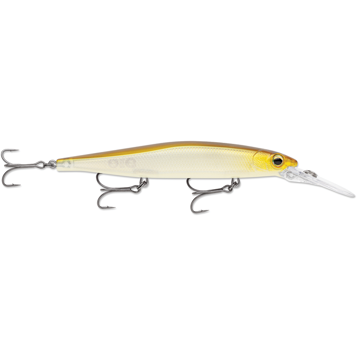 Rapala Precision Xtreme Mavrik Deep 110 fishing lure with a gold and white body, detailed eyes, and three sharp treble hooks designed for deep water fishing.