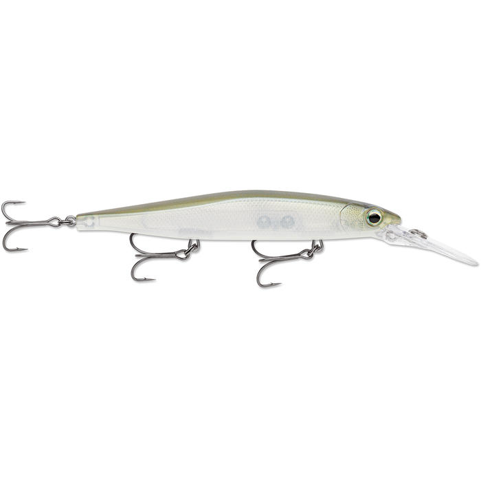 Rapala Precision Xtreme Mavrik Deep 110 fishing lure with a long clear diving lip, lifelike silver and green body, and three sharp treble hooks designed for deep water fishing.