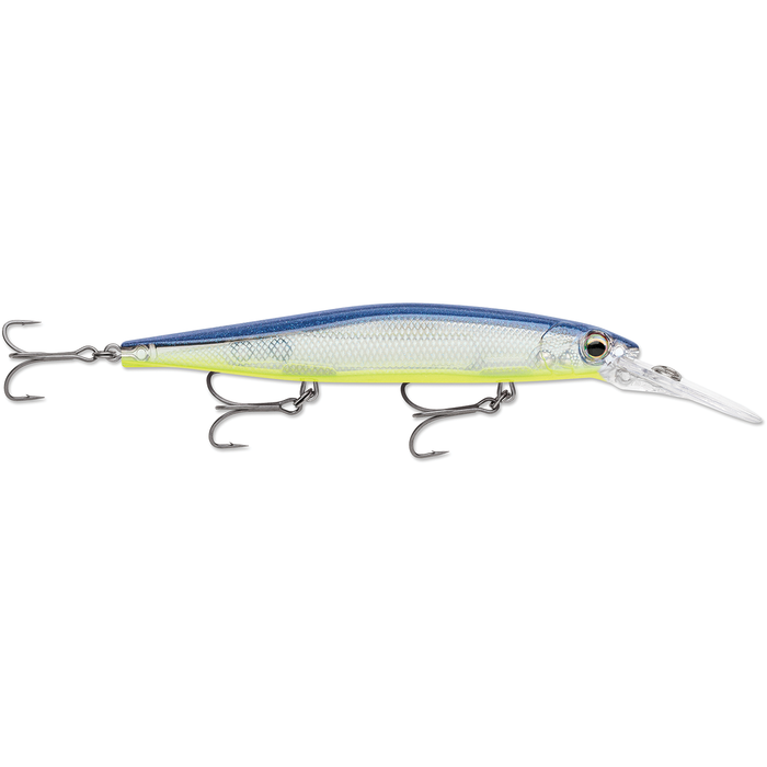 Rapala Precision Xtreme Mavrik Deep 110 fishing lure with blue and silver body, detailed scale texture, and three treble hooks designed for deep water fishing.