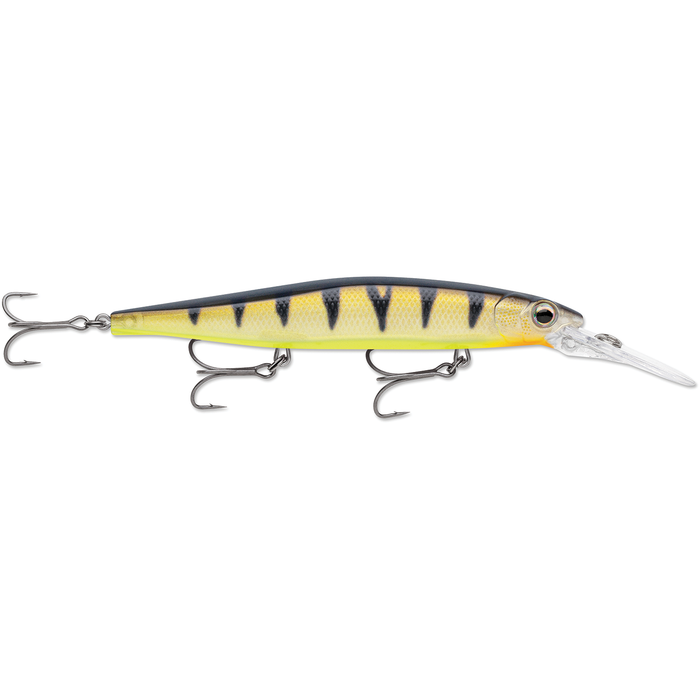 Rapala Precision Xtreme Mavrik Deep 110 fishing lure in yellow with black vertical stripes and three treble hooks, designed for deep water musky and predator fishing.