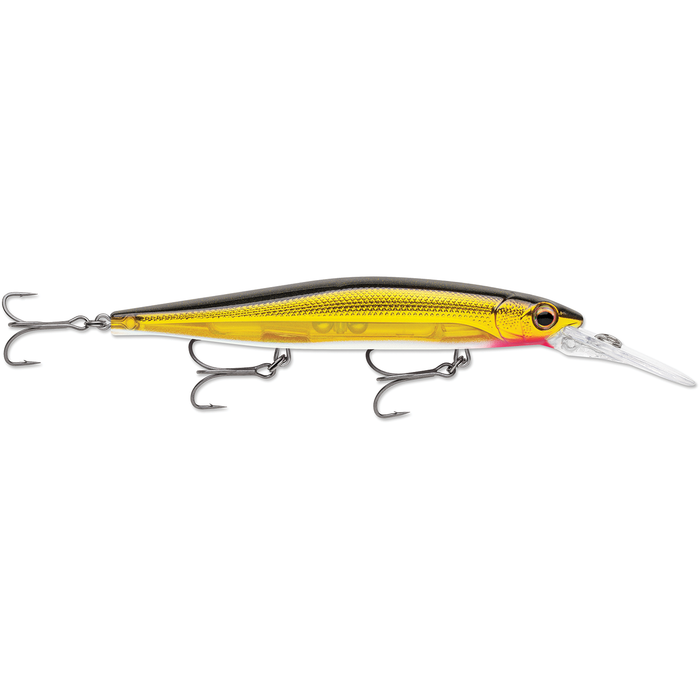 Rapala Precision Xtreme Mavrik Deep 110 fishing lure in yellow and black with a realistic fish scale pattern, detailed eye, and three sharp treble hooks for effective fishing tackle.