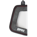 Rapala Rap Wrap fishing lure protective cover made of durable gray fabric with clear plastic window and red stitching, featuring a hanging loop for easy storage.