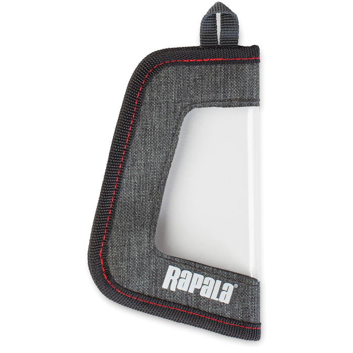 Rapala Rap Wrap fishing lure protective cover made of durable gray fabric with clear plastic window and red stitching, featuring a hanging loop for easy storage.