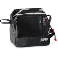 Rapala Rapid Pack is a compact black fishing tackle bag with a clear plastic top, fabric base, zippered main compartment, and a small handle loop for easy carrying.