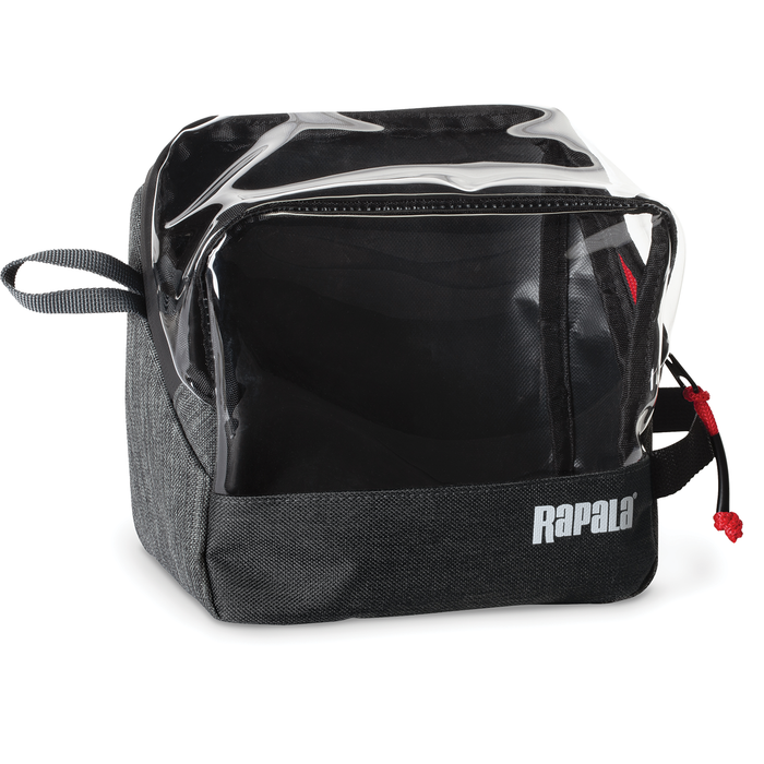Rapala Rapid Pack is a compact black fishing tackle bag with a clear plastic top, fabric base, zippered main compartment, and a small handle loop for easy carrying.