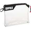 Clear rectangular zippered pouch with black trim and red pull cord, featuring the Rapala logo, designed for organizing fishing tackle and gear, named Rapala Rapid Pouch.