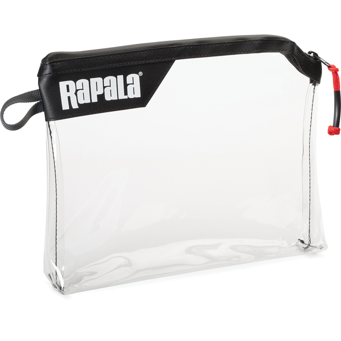 Clear rectangular zippered pouch with black trim and red pull cord, featuring the Rapala logo, designed for organizing fishing tackle and gear, named Rapala Rapid Pouch.