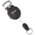 Rapala Retractable Lanyard with black textured casing, metal clip, and key ring attached to a thin, extendable red cord for securing fishing tackle or tools.