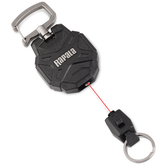 Rapala Retractable Lanyard with black textured casing, metal clip, and key ring attached to a thin, extendable red cord for securing fishing tackle or tools.