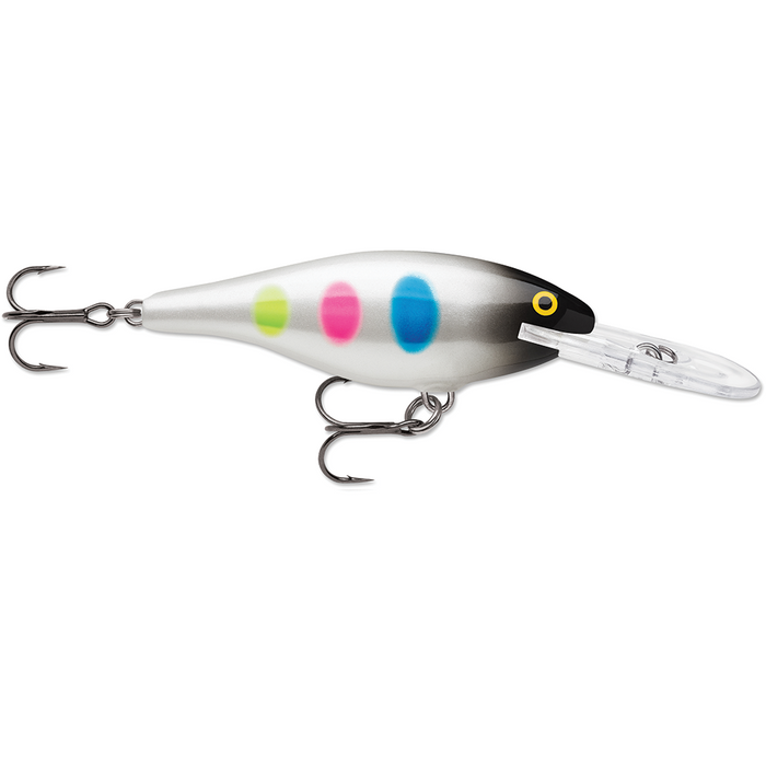 Rapala Shad Rap fishing lure featuring a sleek silver body with colorful green, pink, and blue spots, equipped with two sharp treble hooks and a clear diving lip.