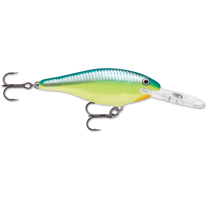 Rapala Shad Rap fishing lure with a blue and green scaled body, silver detailing, and two sharp treble hooks designed for effective fishing tackle use.