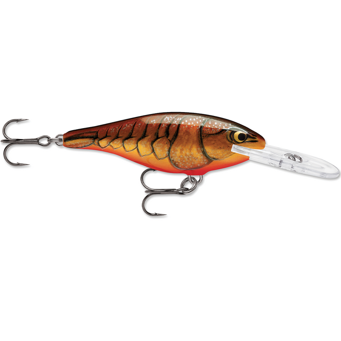 Rapala Shad Rap fishing lure designed with a brown and orange fish pattern body, featuring two sharp treble hooks and a clear diving lip for effective fishing tackle use.