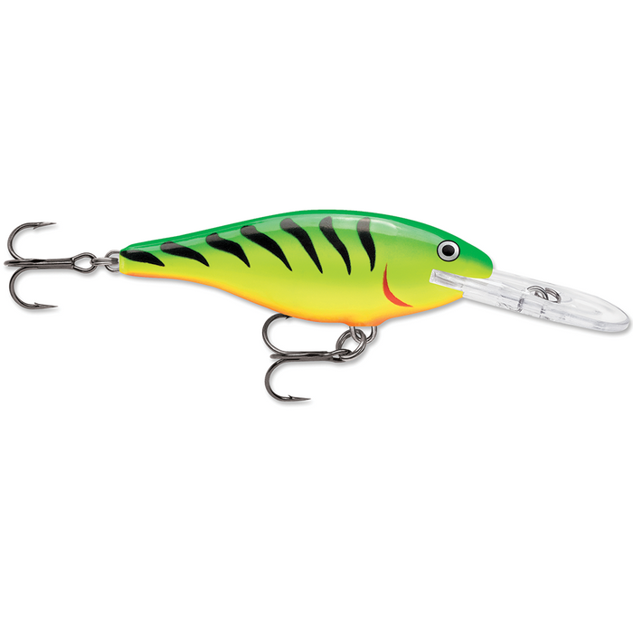 Rapala Shad Rap fishing lure featuring a vibrant green and yellow body with black stripes, equipped with two treble hooks and a clear diving lip for realistic movement in water.