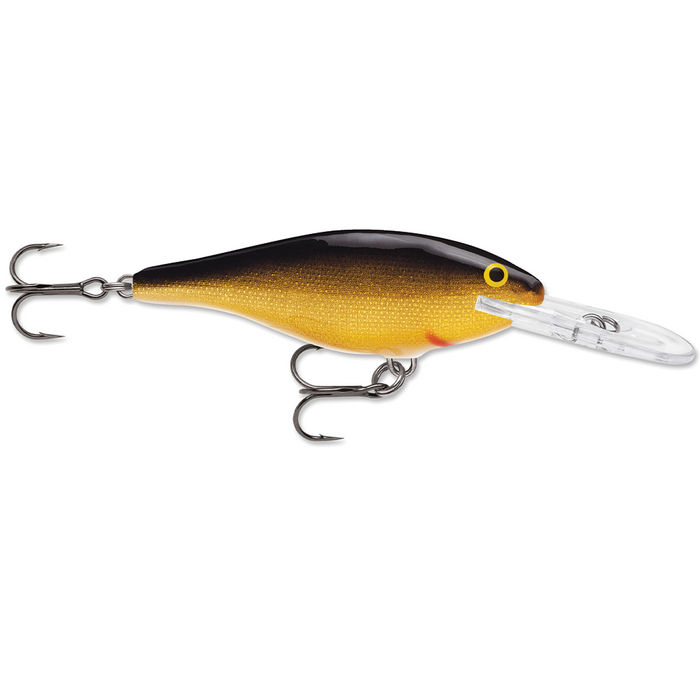 Rapala Shad Rap fishing lure in a black and gold finish with two sharp treble hooks and a clear plastic diving lip designed for realistic movement in water.
