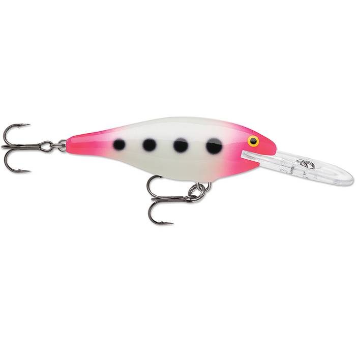 Rapala Shad Rap fishing lure in white and pink with black spots, featuring two sharp treble hooks and a clear plastic diving lip for fishing tackle enthusiasts.