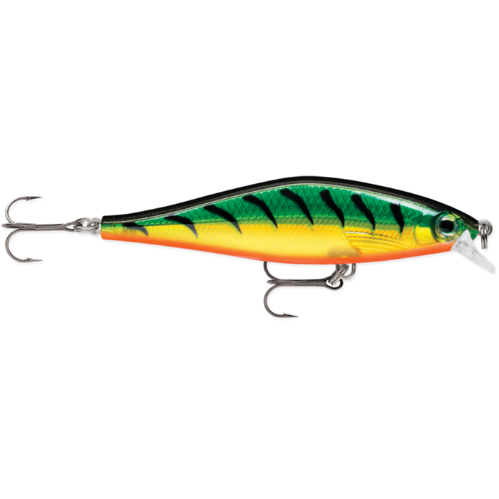 Rapala Shadow Rap Shad fishing lure with a vibrant green, yellow, and orange body, black vertical stripes, and two sharp treble hooks designed for musky and freshwater fishing.