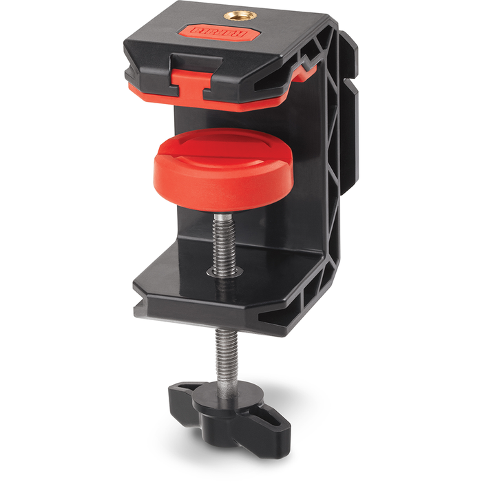 Rapala Smart Hub Clamp Mount in black and red, featuring a sturdy screw clamp design for secure attachment to flat surfaces, ideal for fishing tackle and marine electronics installation.