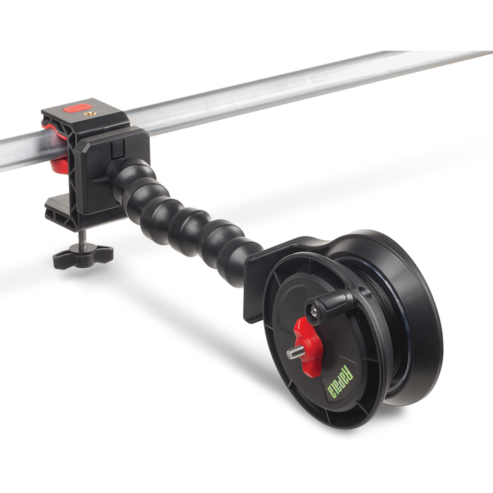 Rapala Smart Hub Clamp Mount showing a black clamp attached to a metal rod with a flexible arm extending to a fishing line spool, designed for secure fishing tackle setup.