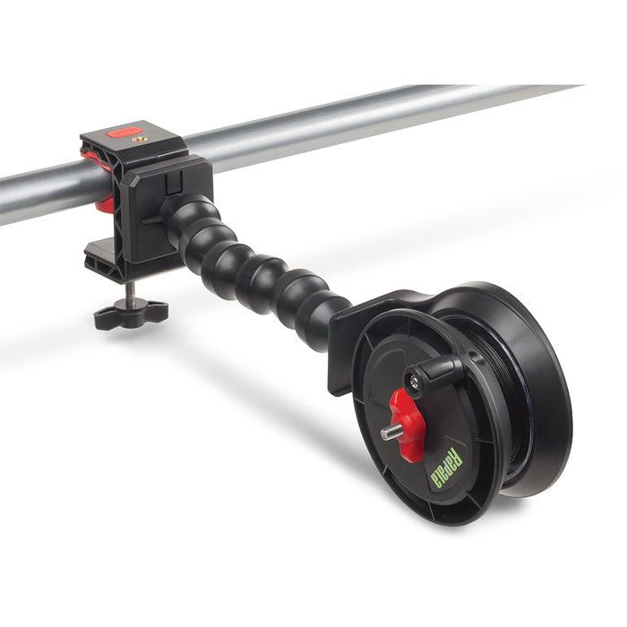 Rapala Smart Hub Clamp Mount attached to a metal bar, featuring a flexible black arm and a spool reel with a red and green accent for fishing tackle and marine electronics use.
