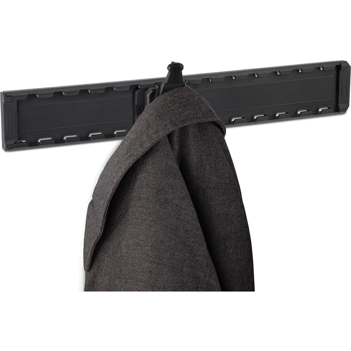 Rapala Smart Hub Coat Hook shown mounted on a wall holding a dark gray coat, made of durable black material designed for secure hanging in fishing tackle or outdoor gear spaces.