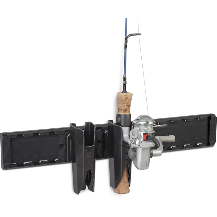 Rapala Smart Hub Rod Storage mounted on a wall, holding a fishing rod with a cork handle and silver reel, designed for organized storage of fishing rods and tackle.