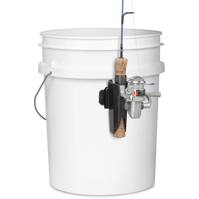 White bucket with a mounted Rapala Smart Hub Rod Storage holding a fishing rod with cork handle and attached reel, demonstrating an organized fishing tackle setup.