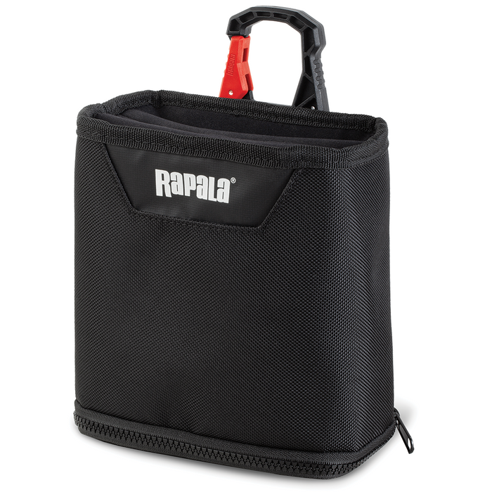 Black fabric Rapala Smart Hub Waste Pouch with a zippered bottom and a built-in clip for easy attachment to fishing gear or tackle bags.