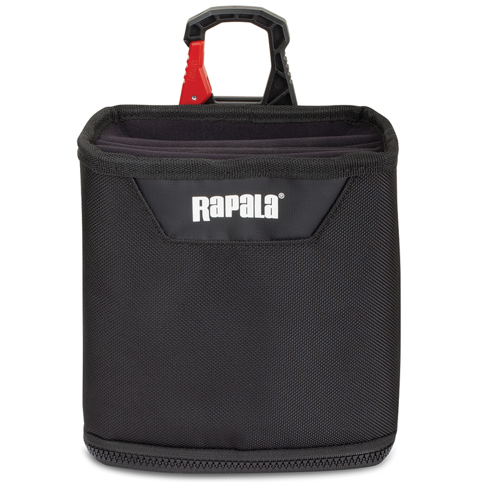 Rapala Smart Hub Waste Pouch in black durable fabric with a sturdy clip for easy attachment, designed for convenient waste disposal during fishing trips.