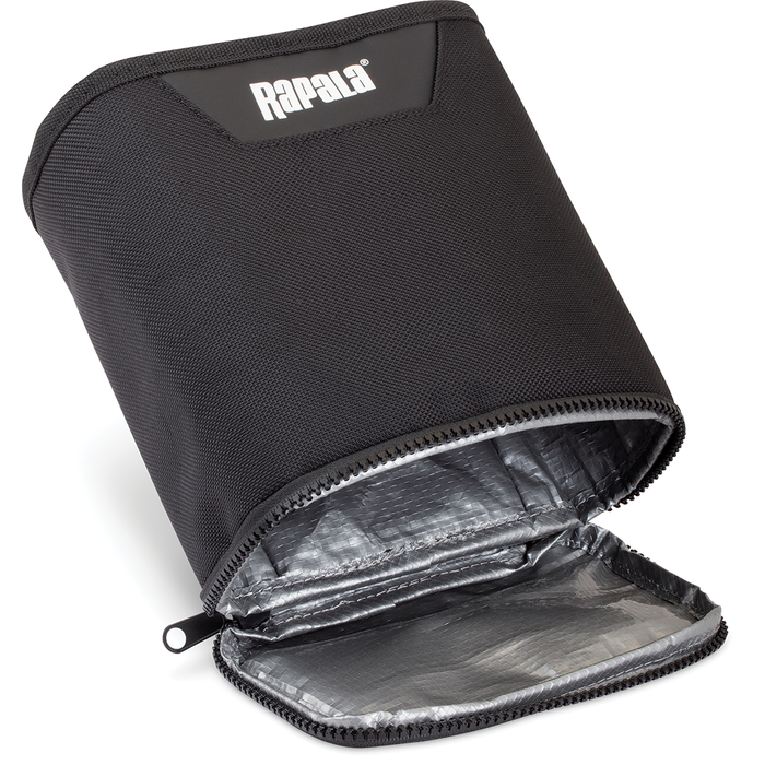 Rapala Smart Hub Waste Pouch in black durable fabric with a zippered opening and waterproof inner lining designed for convenient waste storage during fishing trips.