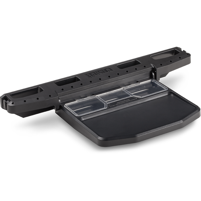 Black plastic Rapala Smart Hub Workstation featuring multiple compartments, including a clear compartment lid and a fold-out work surface, designed for organizing fishing tackle and tools.