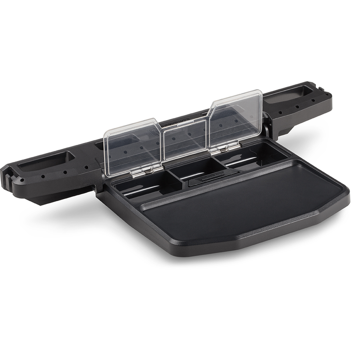 Rapala Smart Hub Workstation black modular fishing tackle organizer with multiple compartments and clear plastic lids for easy access and secure storage.
