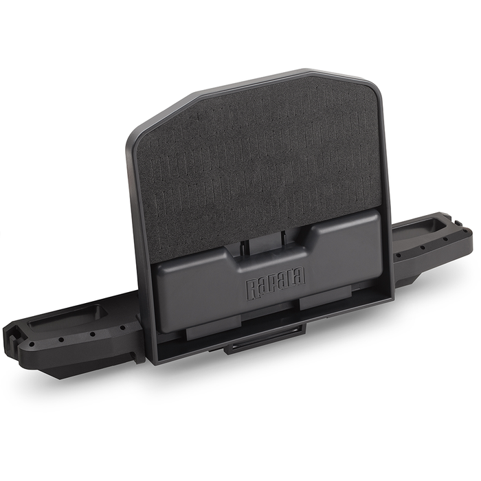 Rapala Smart Hub Workstation with sturdy black plastic frame and padded backrest, designed to organize and support fishing tackle and marine electronics for anglers.