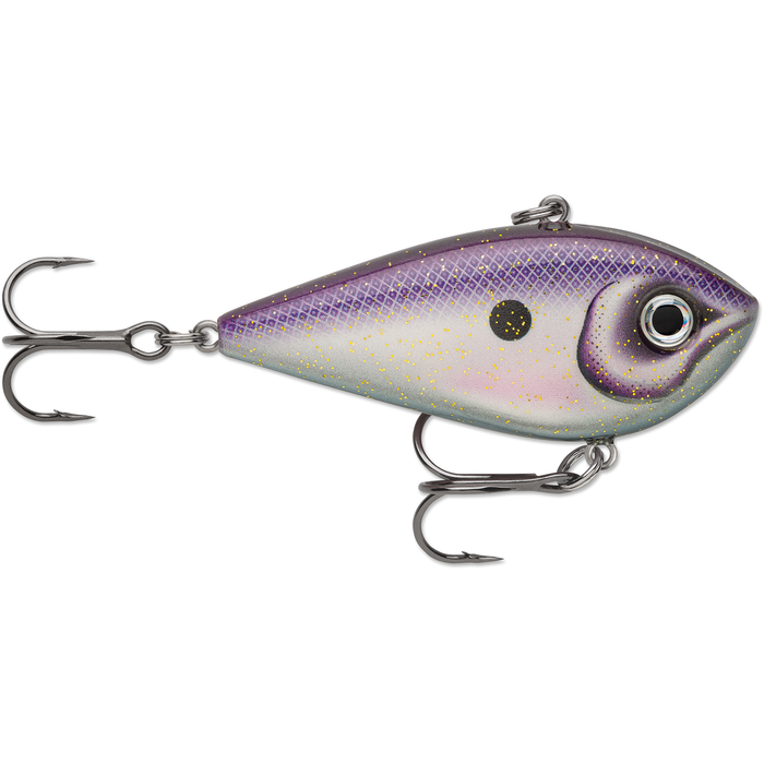 Rapala Snare Lipless Crankbait in a purple and silver finish with detailed scale pattern, two sharp treble hooks, designed for effective fishing tackle use.