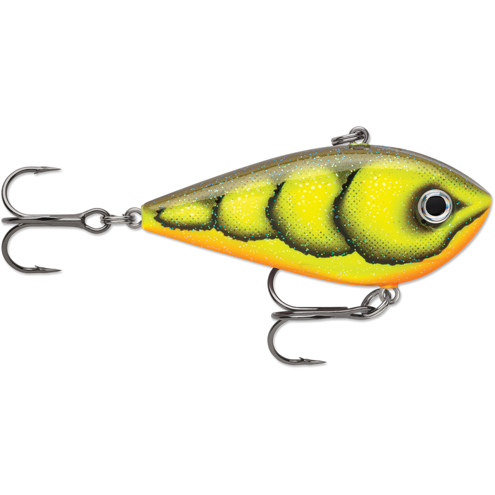Rapala Snare Lipless Crankbait fishing lure in yellow and green with black accents and two sharp treble hooks designed for effective freshwater fishing tackle use.