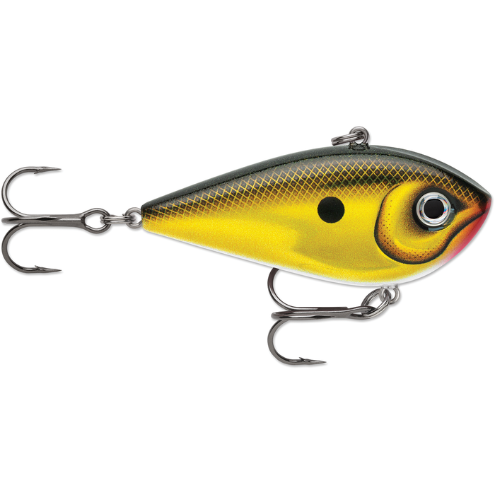 Yellow and black Rapala Snare Lipless Crankbait fishing lure with realistic fish scale pattern and two treble hooks designed for effective fishing tackle use.
