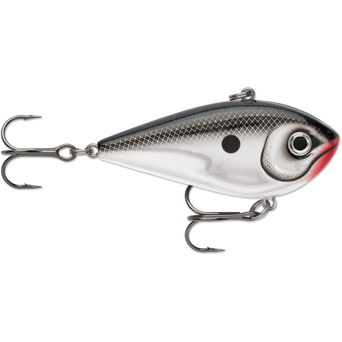 Rapala Snare Lipless Crankbait fishing lure in silver and black with realistic eye details, textured scale pattern, and two treble hooks for effective fishing tackle use.