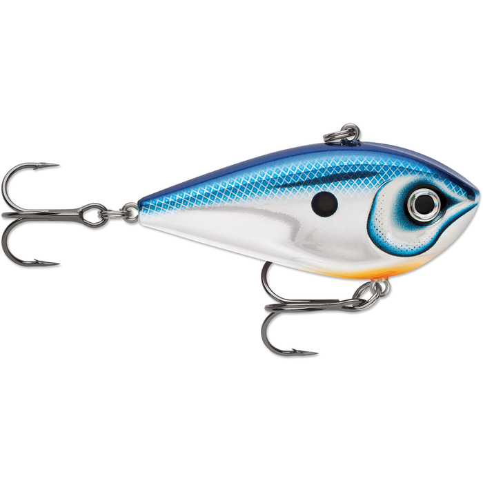 Rapala Snare Lipless Crankbait fishing lure with a blue and silver body, black spot detail, and two treble hooks designed for effective fishing tackle applications.