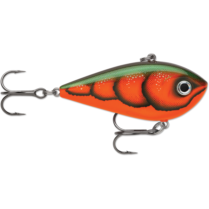 Rapala Snare Lipless Crankbait featuring a detailed orange and green fish pattern with two sharp treble hooks, designed for effective fishing tackle use.