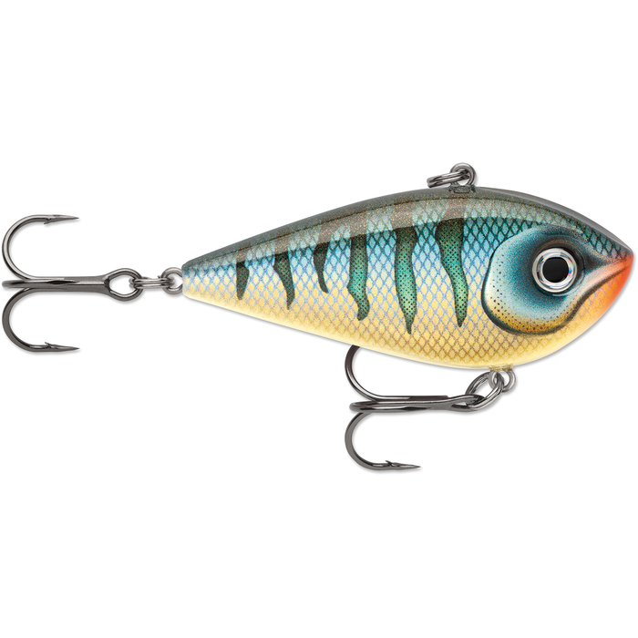 Rapala Snare Lipless Crankbait fishing lure with detailed blue, green, and yellow pattern and two sharp treble hooks designed for effective fishing tackle use.