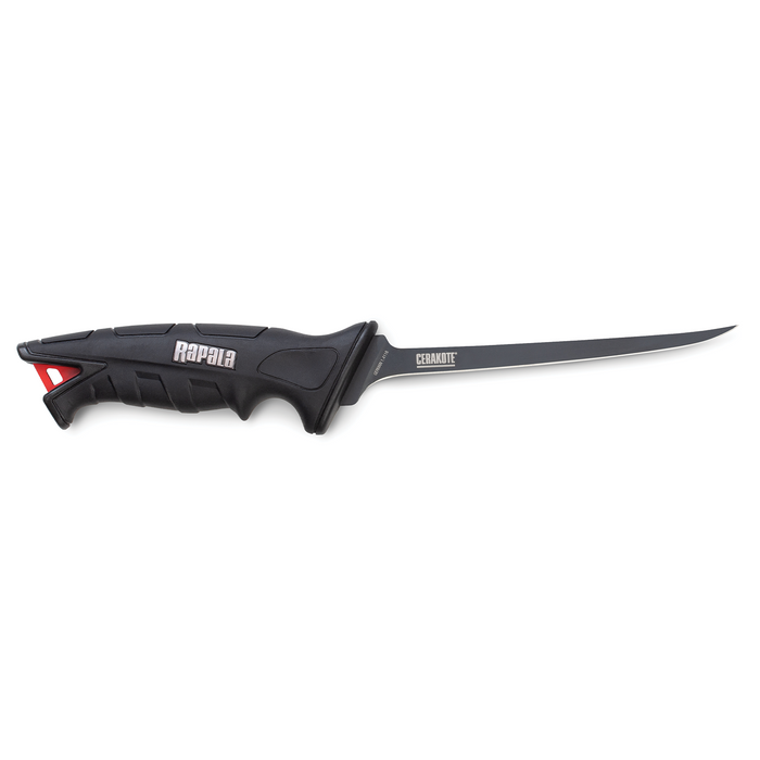 Rapala Stealth FXF Flex Fillet Knife with black ergonomic handle and flexible, sharp stainless steel blade designed for precision filleting in fishing tackle use.