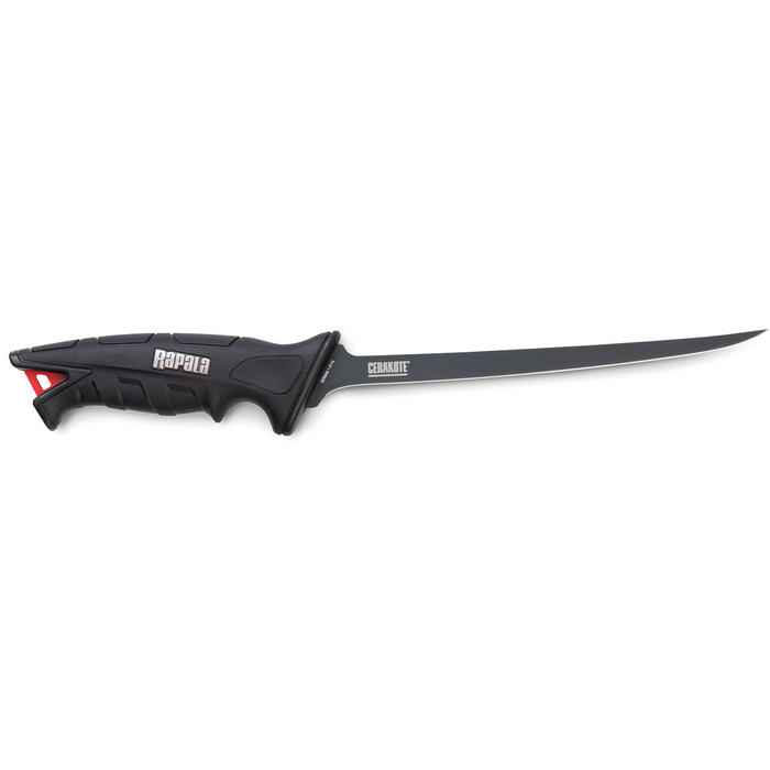 Rapala Stealth FXF Flex Fillet Knife with a black ergonomic handle featuring a textured grip and a long, flexible serrated blade designed for precise filleting in fishing tackle use.