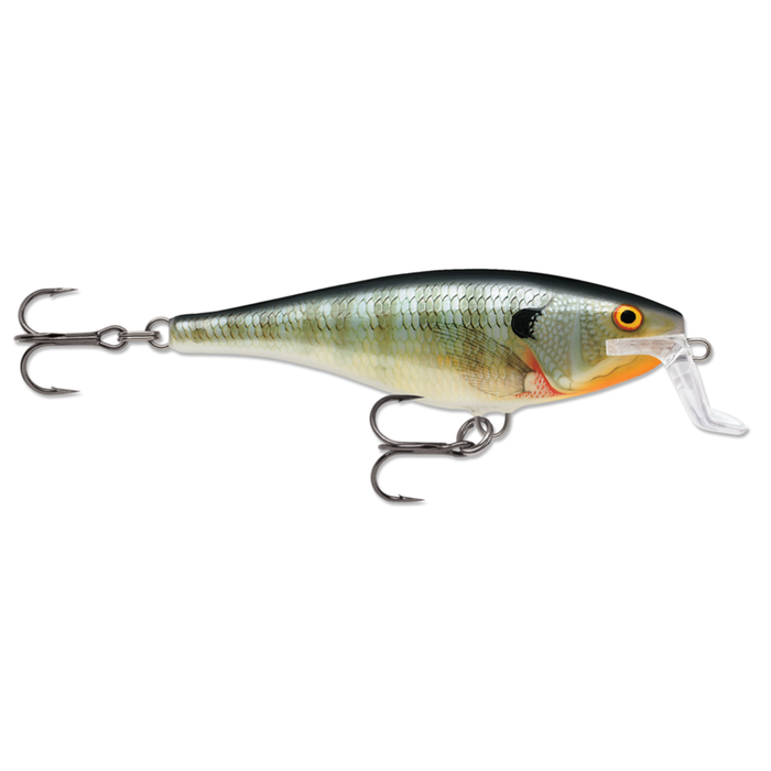 Rapala Super Shad Rap fishing lure with realistic fish scale pattern, lifelike eyes, and two sharp treble hooks designed for effective fishing tackle use.