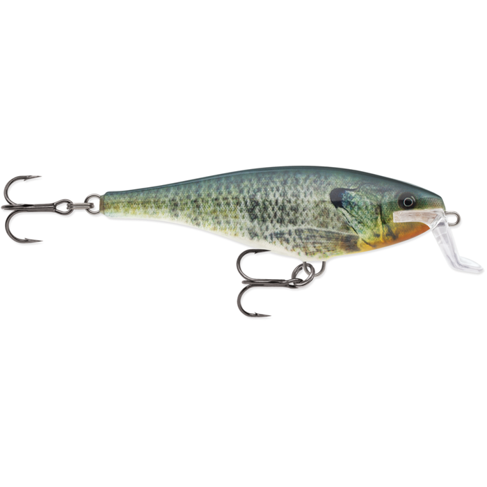 Rapala Super Shad Rap fishing lure with a realistic fish pattern, equipped with two sharp treble hooks and a clear diving lip for effective fishing tackle performance.
