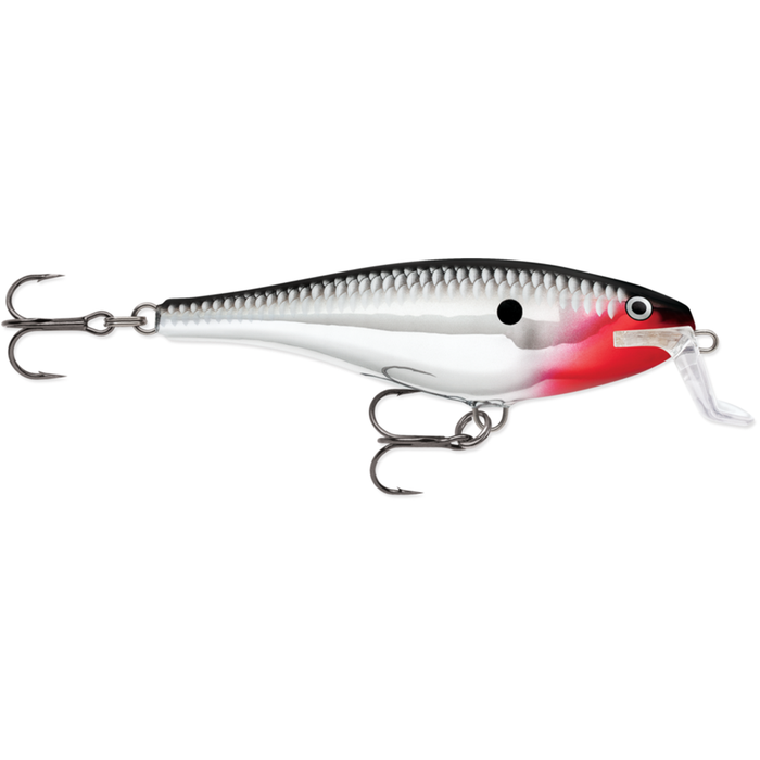 Rapala Super Shad Rap fishing lure with a silver, black, and red finish, featuring two treble hooks and a clear diving lip for realistic underwater action.