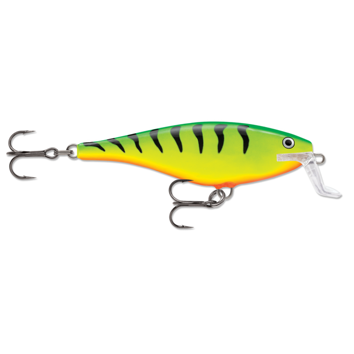 Rapala Super Shad Rap fishing lure in bright green and yellow with black stripes, featuring two sharp treble hooks and a clear diving lip for effective fishing tackle use.
