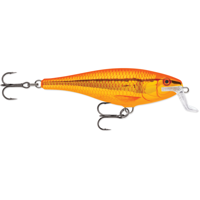 Rapala Super Shad Rap fishing lure in bright orange with realistic scale pattern, equipped with two sharp treble hooks and a clear diving lip for effective fishing tackle use.