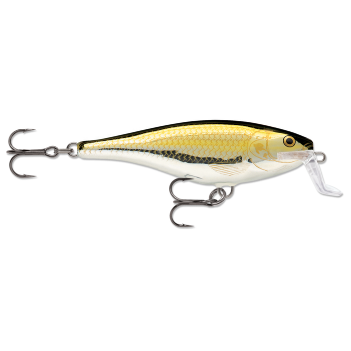 Rapala Super Shad Rap fishing lure with a gold and black scaled body, detailed fish eye, and two sharp treble hooks designed for effective fishing tackle use.