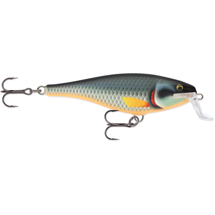 Rapala Super Shad Rap fishing lure designed with a detailed fish-scale pattern in shades of gray, blue, and yellow, featuring two sharp treble hooks and a clear diving lip for realistic movement.