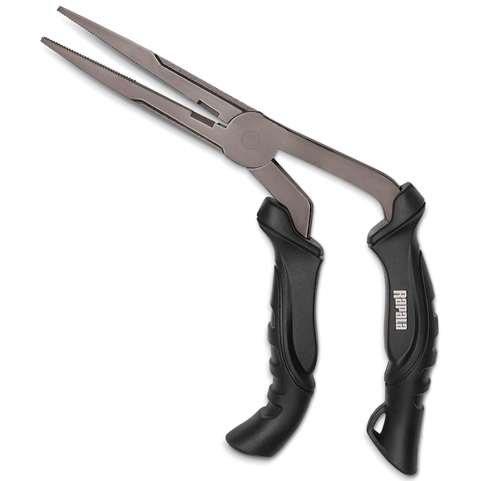 Rapala Super Stainless Steel Angled Pliers with textured black ergonomic handles and slim angled jaws designed for precise grip and control in fishing tackle applications.