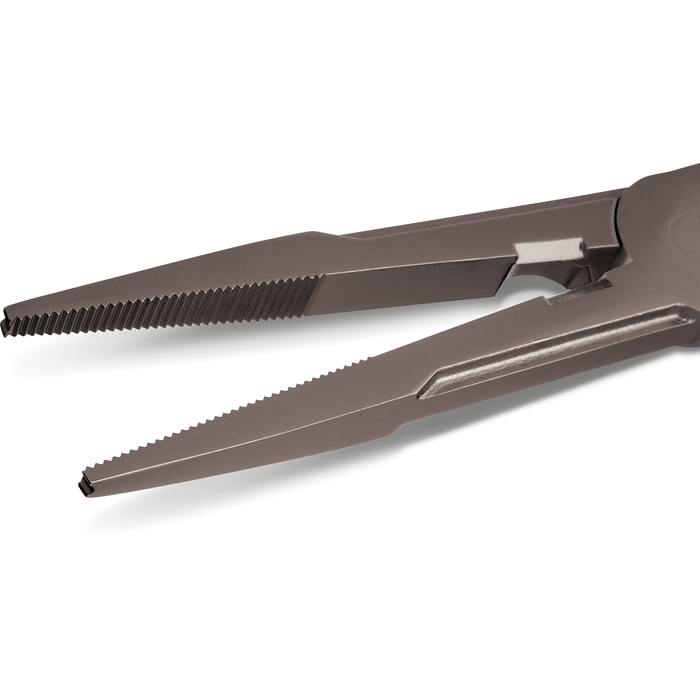Close-up of Rapala Super Stainless Steel Angled Pliers featuring serrated gripping jaws and angled nose designed for precise handling of fishing tackle and marine equipment.
